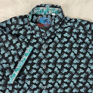 ROBERT GRAHAM Short Sleeve Button Down Shirt Mens 2XL Classic Skulls Black Blue